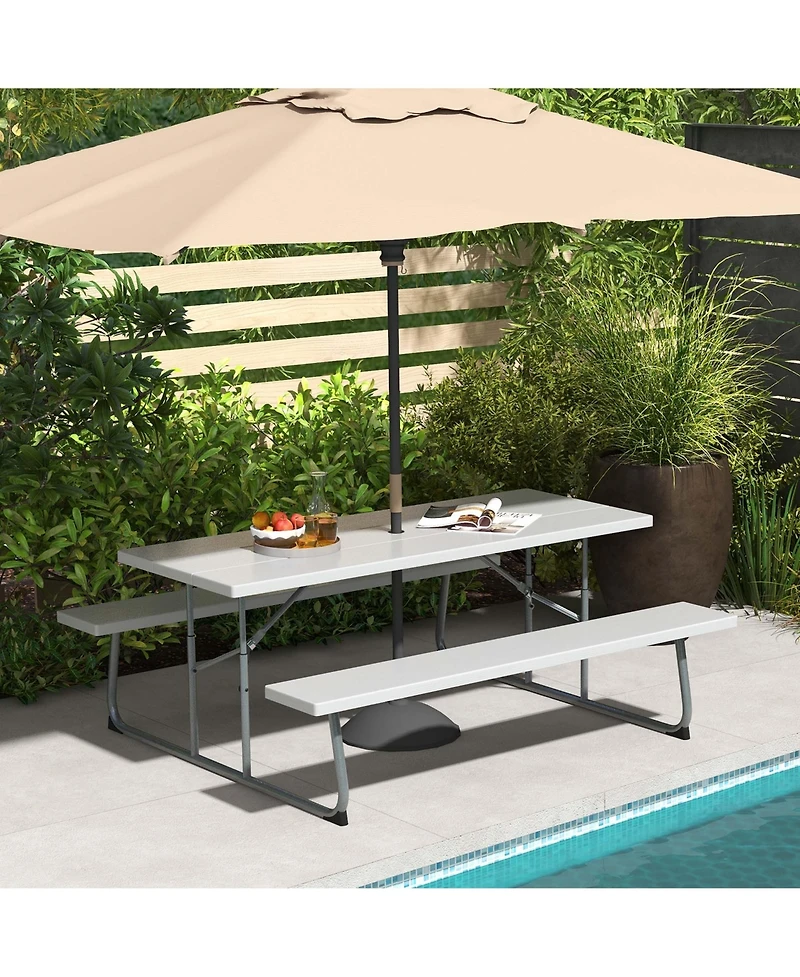Costway Folding Picnic Table with Wood-like Tabletop, Umbrella Hole, 2 Benches for 8 Person
