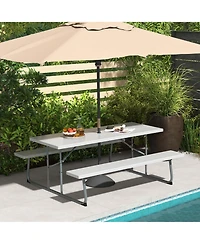 Costway Folding Picnic Table with Wood-like Tabletop, Umbrella Hole, 2 Benches for 8 Person