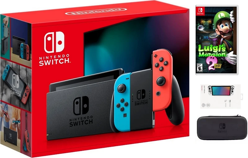 Nintendo Switch Neon Bundle With Accessories and Luigi's Mansion 2 Hd Game