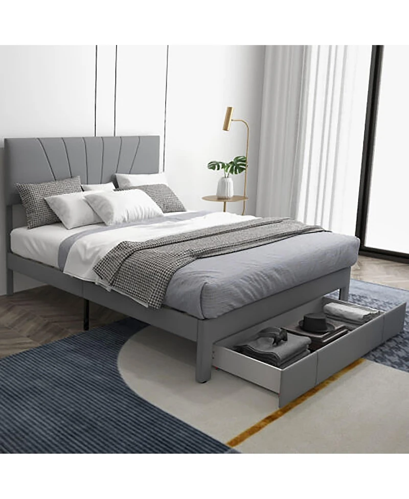 Gymax Queen Upholstered Bed Frame Platform with Drawer & Adjustable Headboard Grey