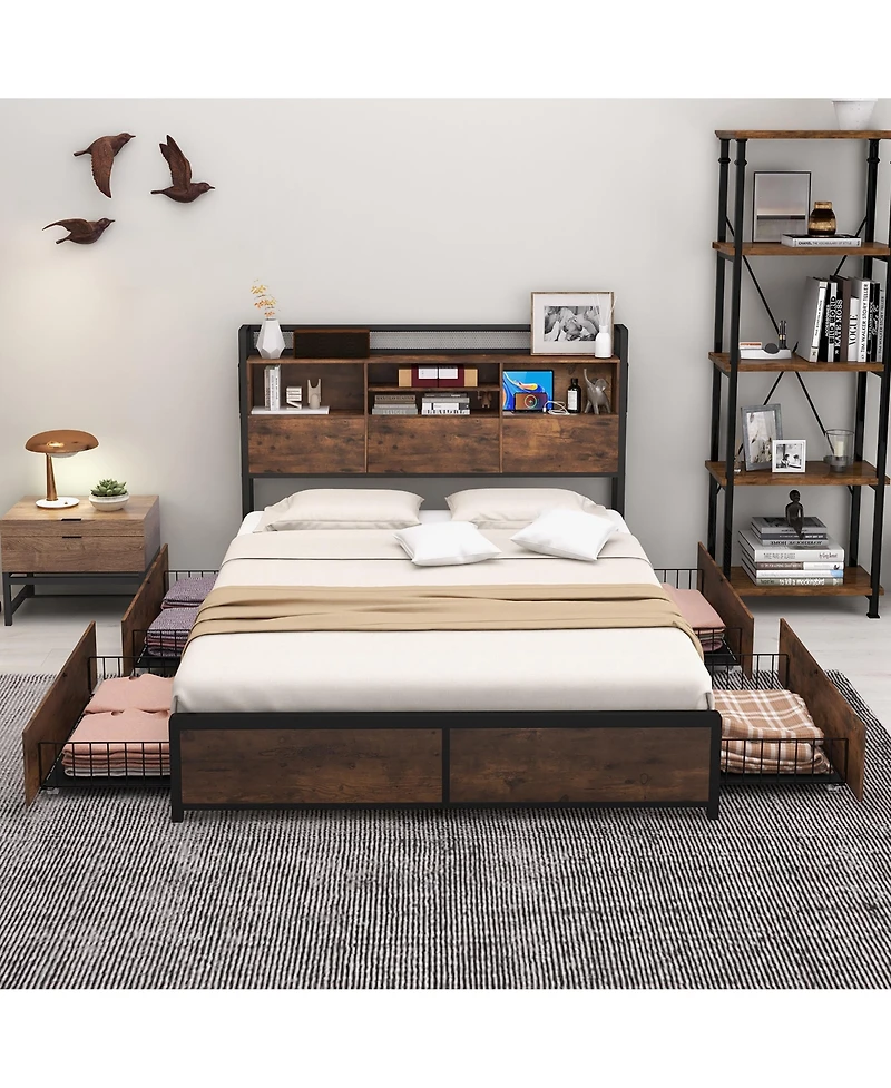 Gymax Queen Size Bed Frame w/ Bookcase Headboard & 4 Storage Drawers Vintage Brown