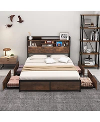 Gymax Queen Size Bed Frame w/ Bookcase Headboard & 4 Storage Drawers Vintage Brown