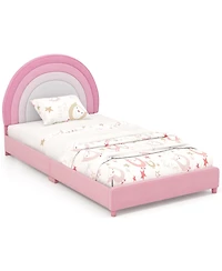 Gymax Kids Twin Platform Bed Frame Upholstered w/ Wooden Slats Support Blue