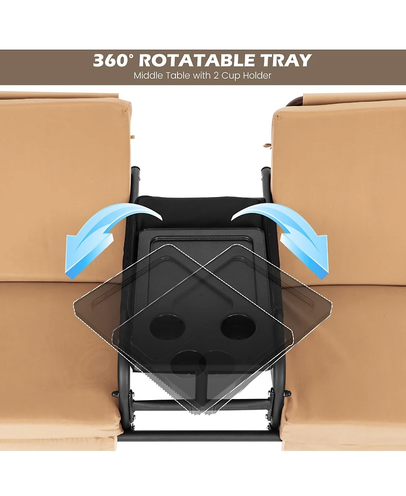 2-Person Canopy Porch Swing Padded Chair Cooler Bag Rotatable Tray Black