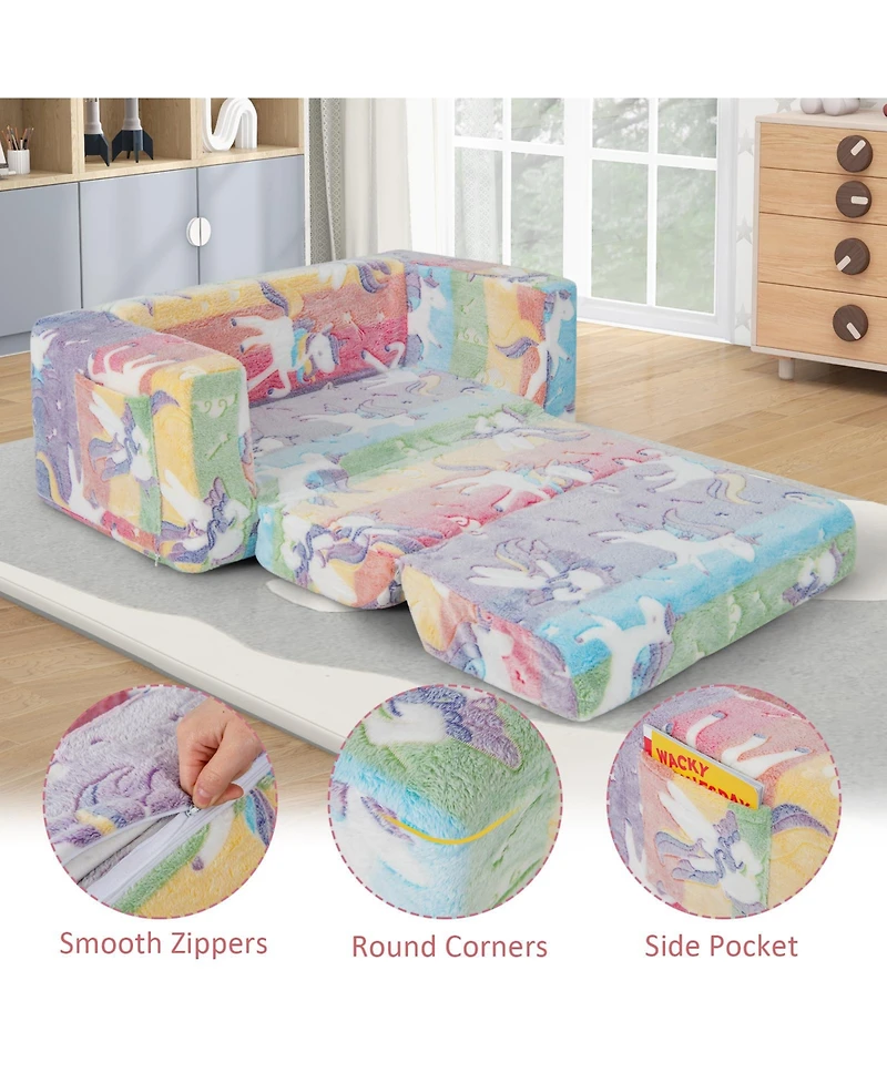 2-in-1 Flip Out Kids Sofa Chair with Detachable Flannel Fabric Cover and Glowing Patterns