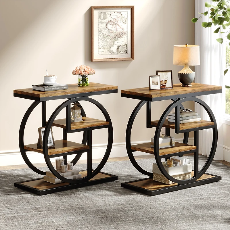 Tribesigns End Table Set of 2, 4-Tier Narrow Side Table with Storage Shelves, Wood Small Sofa Side Table with Geometric Metal Frame, Industrial Bedsid