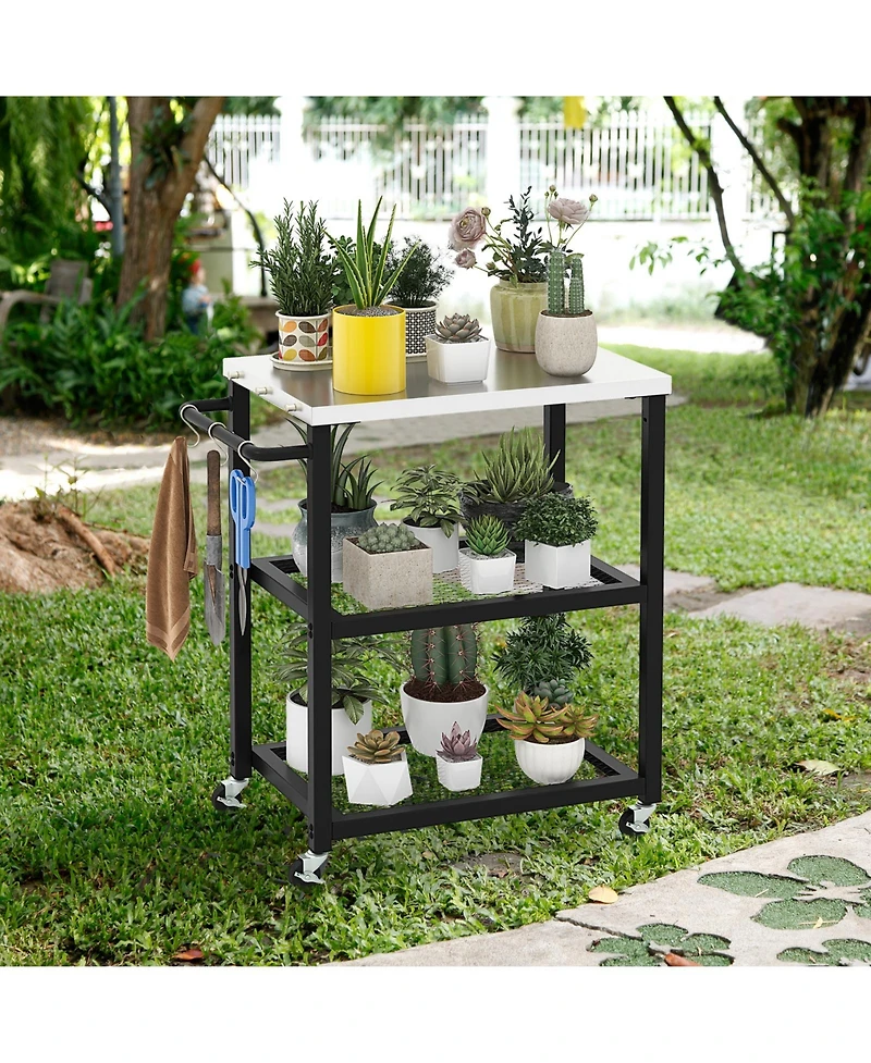 Sugift 3-Tier Foldable Outdoor Stainless Steel Food Prepare Dining Cart Table on Wheels