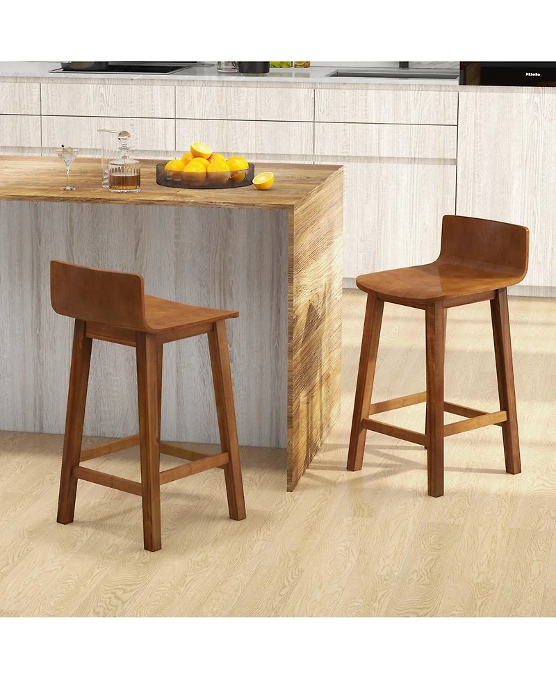 24.5" Wood Bar Stools Set of 2 with Solid Back & Seat Mid Century Bar Chairs