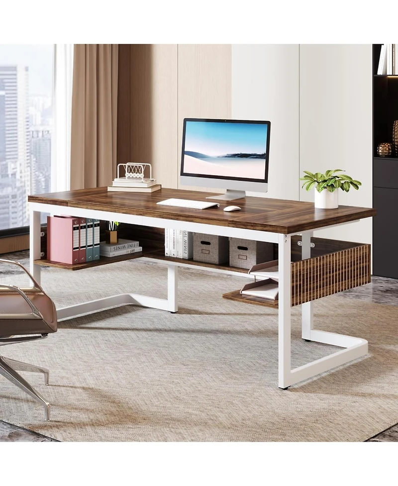Tribesigns 63" Executive Desk with Bottom Shelves, Large Office Computer Desk, Modern Simple Workstation Business Furniture (Walnut & White)