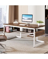 Tribesigns 63" Executive Desk with Bottom Shelves, Large Office Computer Desk, Modern Simple Workstation Business Furniture (Walnut & White)