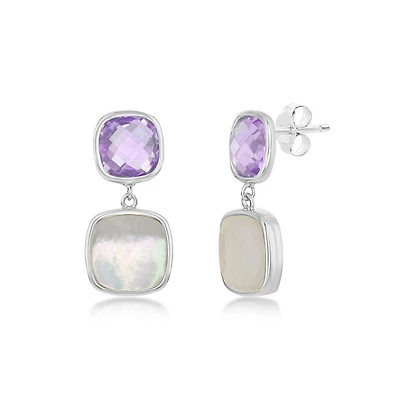Simona Sterling Silver Double Square Amethyst and Mother of Pearl Earrings