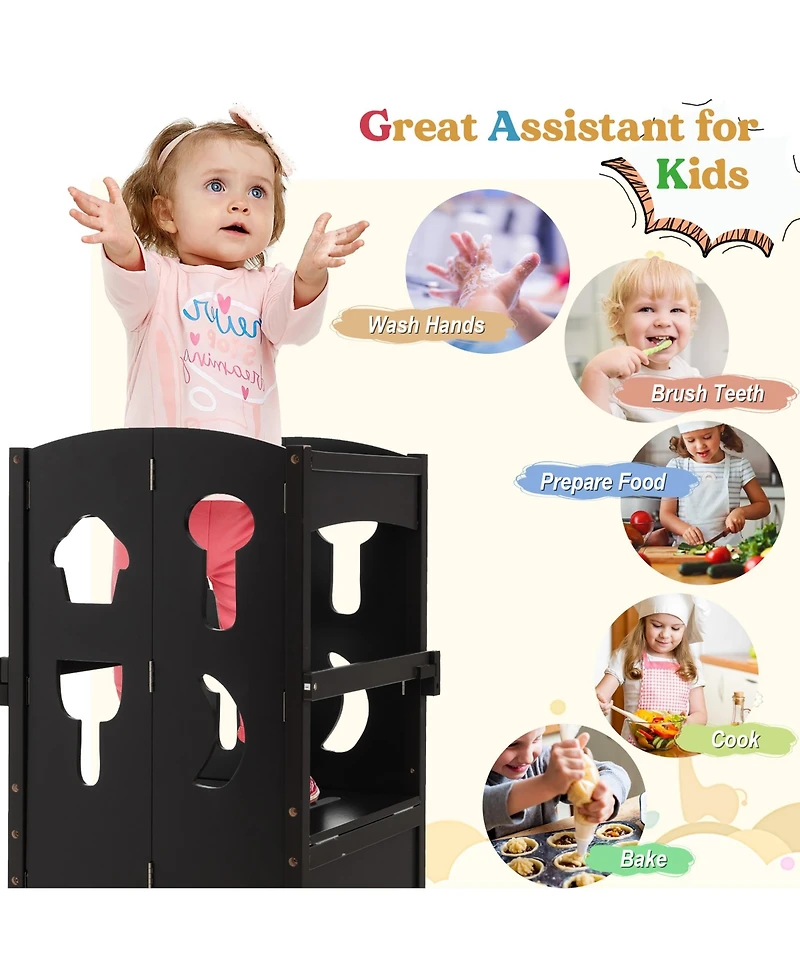 Costway Toddler Folding Kitchen Step Ladder Stool Wooden Safety Tower Helper