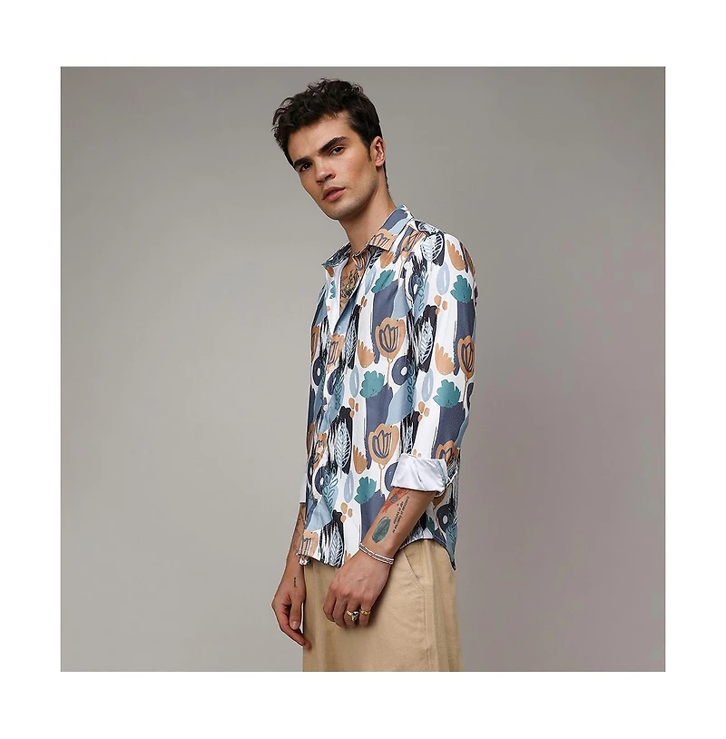 Men's Prussian Blue & Sienna Brown Foliage Strokes Shirt