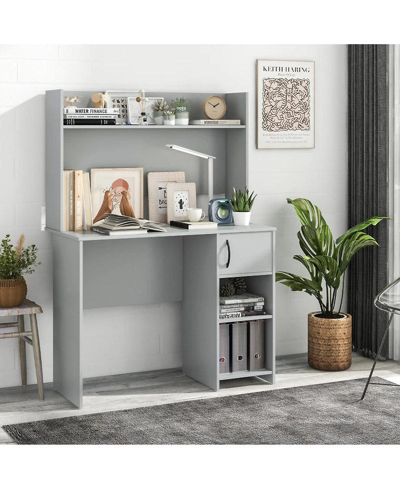 Sugift Home Office Desk with Raised Display Shelf and 2 Open Shelves
