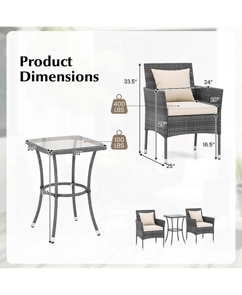 3 Pcs Patio Furniture Set witn Cushioned Chairs & Tempered Glass Coffee Table