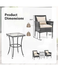 3 Pcs Patio Furniture Set witn Cushioned Chairs & Tempered Glass Coffee Table