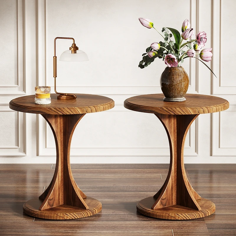 Tribesigns Round End Side Table Set of 2: Wood Sofa Chair Side Table, Mid-Century Bedside Nightstand, Accent Table, Easy Assembly, Vintage Brown