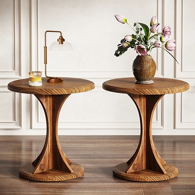 Tribesigns Round End Side Table: Wood Sofa Chair Side Table Set of 2, Mid-Century Bedside Nightstand for Bedroom, Accent Table, Easy Assembly, Vintage