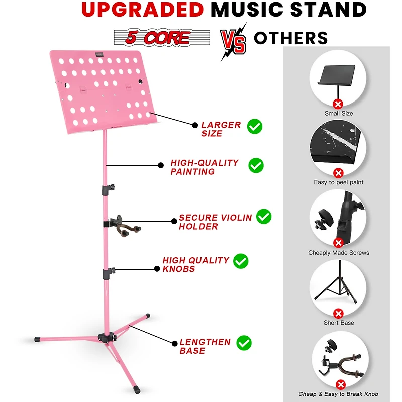 5 Core Music Stand For Sheet Music Height Adjustable Portable Folding Atril Para Partituras w Light Clip for Guitar Players Violinists Cellists Pianis