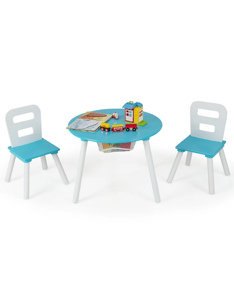 Kids Wooden Round Table & 2 Chair Set w/ Center Mesh Storage