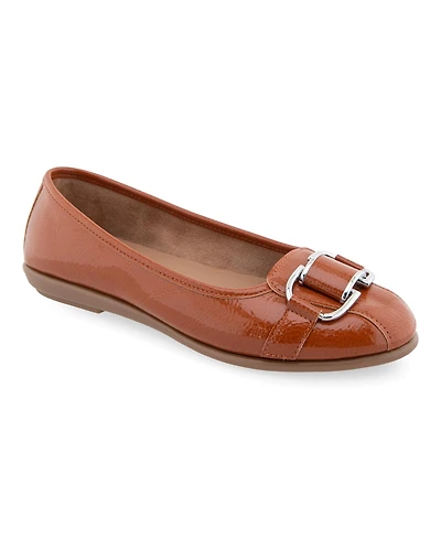 Aerosoles Women's Bentley Buckle Flats - Tan Patent Crinkled Faux Leather