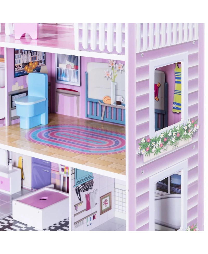 Gymax 28'' Pink Dollhouse w/ Furniture Gliding Elevator Rooms 3 Levels Young Girls Toy