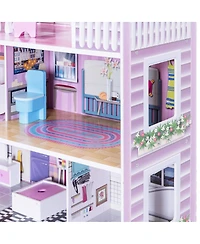 Gymax 28'' Pink Dollhouse w/ Furniture Gliding Elevator Rooms 3 Levels Young Girls Toy
