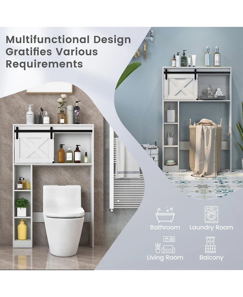 4-Tier Over The Toilet Storage Cabinet with Sliding Barn Door and Storage Shelves-White