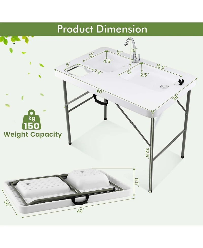 Folding Fish Cleaning Table with 2 Built-in Sinks & 360°Rotatable Faucet