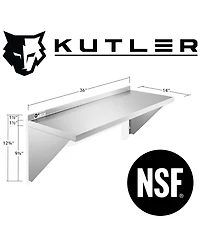Kutler 14" x 36" Stainless Steel Shelf, Nsf Commercial Wall Mount Shelving w/ Backsplash, Floating Metal Mounted Shelves for Restaurant, Kitchen, Home
