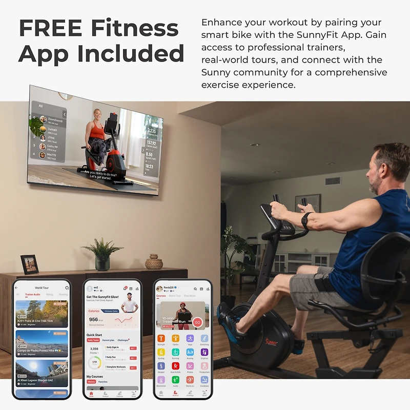 Sunny Health & Fitness Smart Recumbent Bike Exercise Machine, 350LB Capacity, with Exclusive SunnyFit App Bluetooth Link