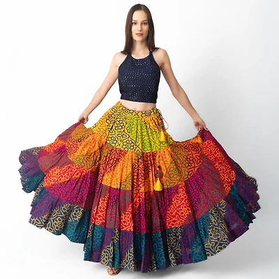 Raas Women's 3 Piece Dress With Mirror Embroidery Crop Top and Multicolor Tiered Skirt