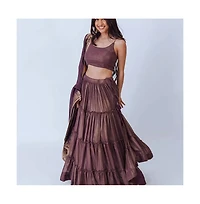 Raas Women's Brownish Purple Shimmer Tiered Lehenga Choli with Golden Accents