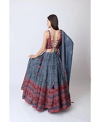 Raas Women's Blue and Red Bandhani Ajrakh Print Lehenga Choli