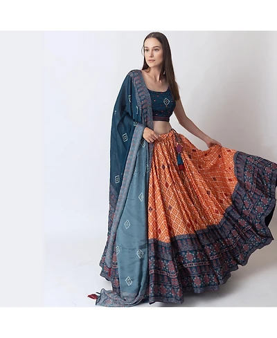 Raas Women's Bandhani and Ajrakh Print Chaniya Choli with Mirror Work