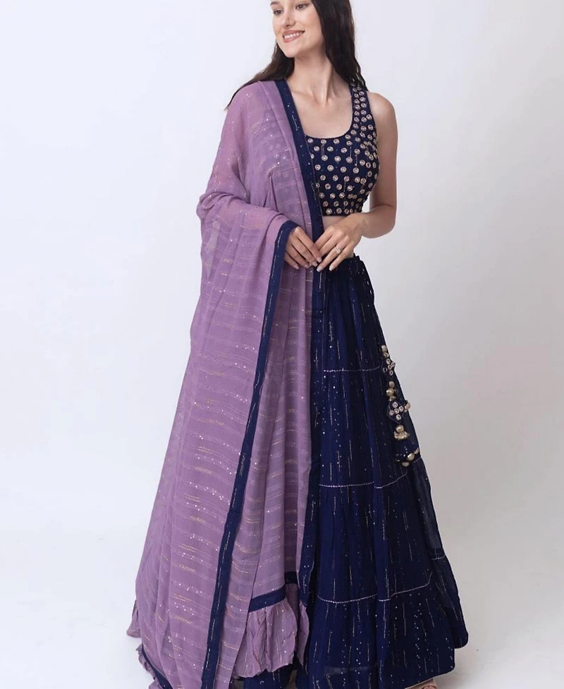 Raas Women's Navy Blue Lehenga Choli Set with Tiered Skirt and Mirror Work Blouse
