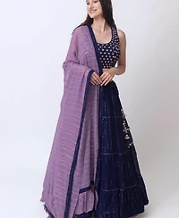 Raas Women's Navy Blue Lehenga Choli Set with Tiered Skirt and Mirror Work Blouse