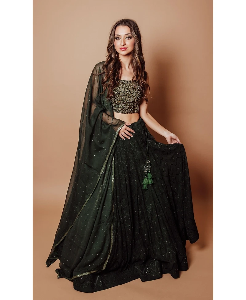 Raas Women's Green Lehenga with Chikankari Embroidery and Hand Embroidered Blouse with Mirror Work