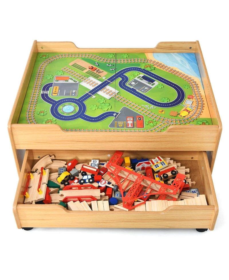 Sugift Children's Wooden Railway Set Table with 100 Pieces Storage Drawers