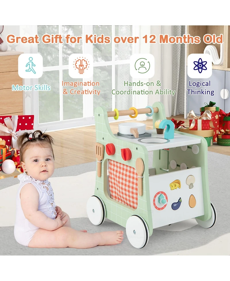 Costway 6-in-1 Baby Push Walker Wooden Strollers Learning Activity Center Toy with Kitchen