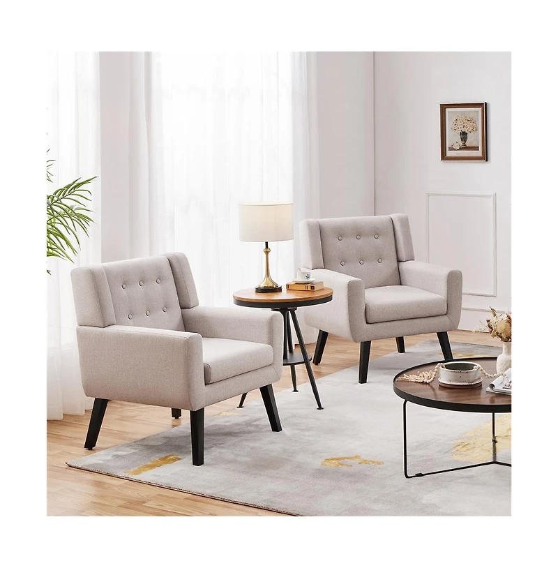 Yaheetech Linen Fabric Upholstered Button Tufted Armchair with Solid Wood Legs with Thick Removable Seat Cushion, Beige