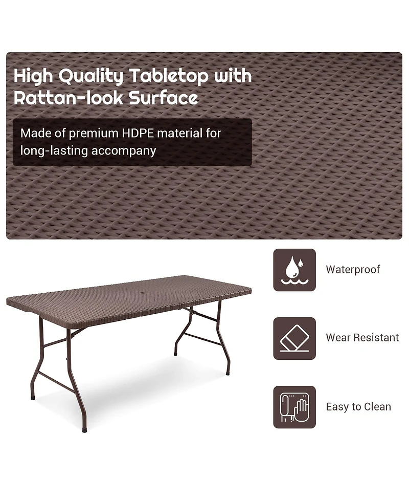 Sugift 6 Feet Folding Portable Rattan Table with Carrying Handle