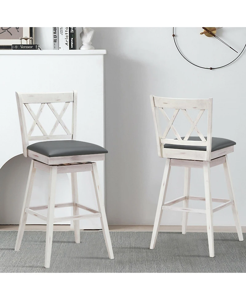 Sugift 2 Pieces 29 Inch Swivel Counter Height Barstool Set with Rubber Wood Legs