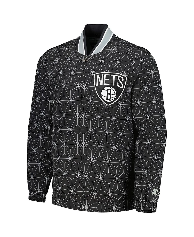 Starter Men's Black Brooklyn Nets In-Field Play Fashion Satin Full-Zip Varsity Jacket