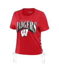 Wear by Erin Andrews Women's Red Wisconsin Badgers Side Lace-Up Modest Crop T-Shirt