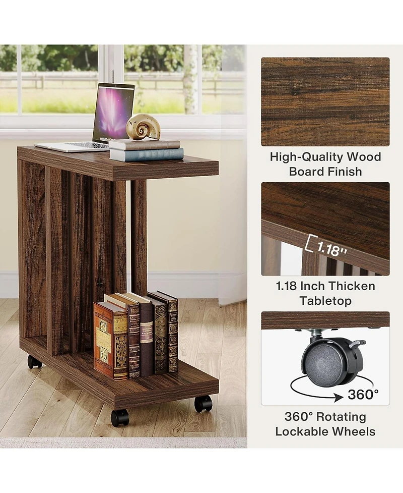 Tribesigns C-Shaped End Table, 2-Tier Side Table for Couch and Bed, Small Couch Table with Lockable Wheels, Wood Bedside Table for Living Room, Bedroo