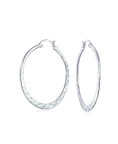 Bling Jewelry Boho Large Hammered Flat Thin Large Hoop Earrings Sterling Silver 1.5 Inch Diameter