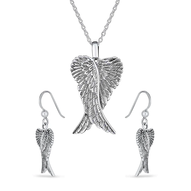 Bling Jewelry Heart Guardian Angel Wing Pendant Necklace and Dangle Earrings Set Silver