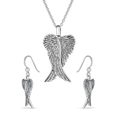 Bling Jewelry Heart Guardian Angel Wing Pendant Necklace and Dangle Earrings Set Silver