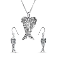 Bling Jewelry Heart Guardian Angel Wing Pendant Necklace and Dangle Earrings Set Silver